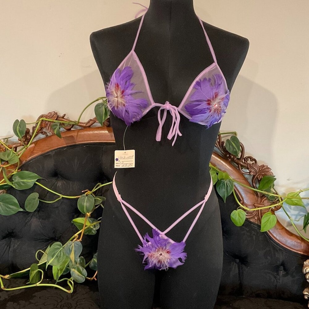 Vintage Bisque Dancer Flower feather string Bra & Panties Set Size‎ S Purple